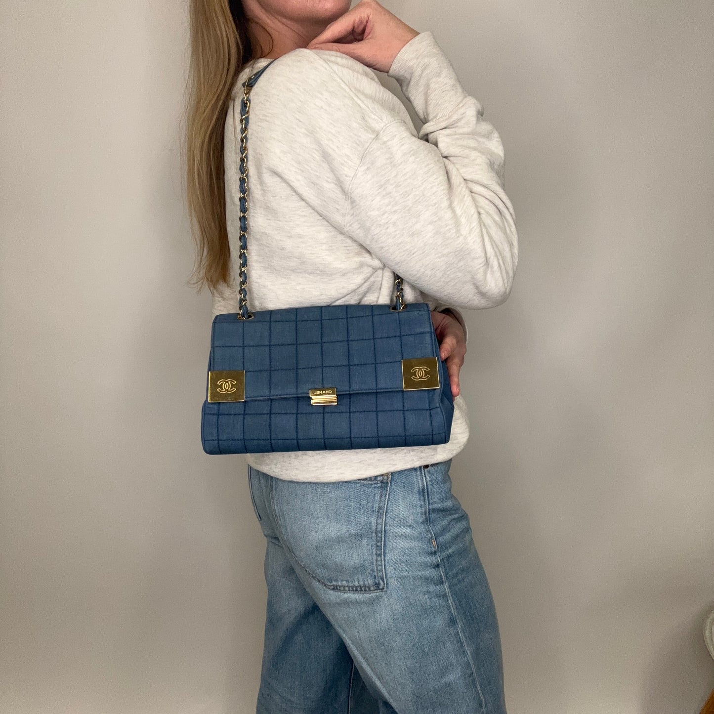 Chanel Denim Flap Bag In Square Quilt & Gold Hardware Vintage