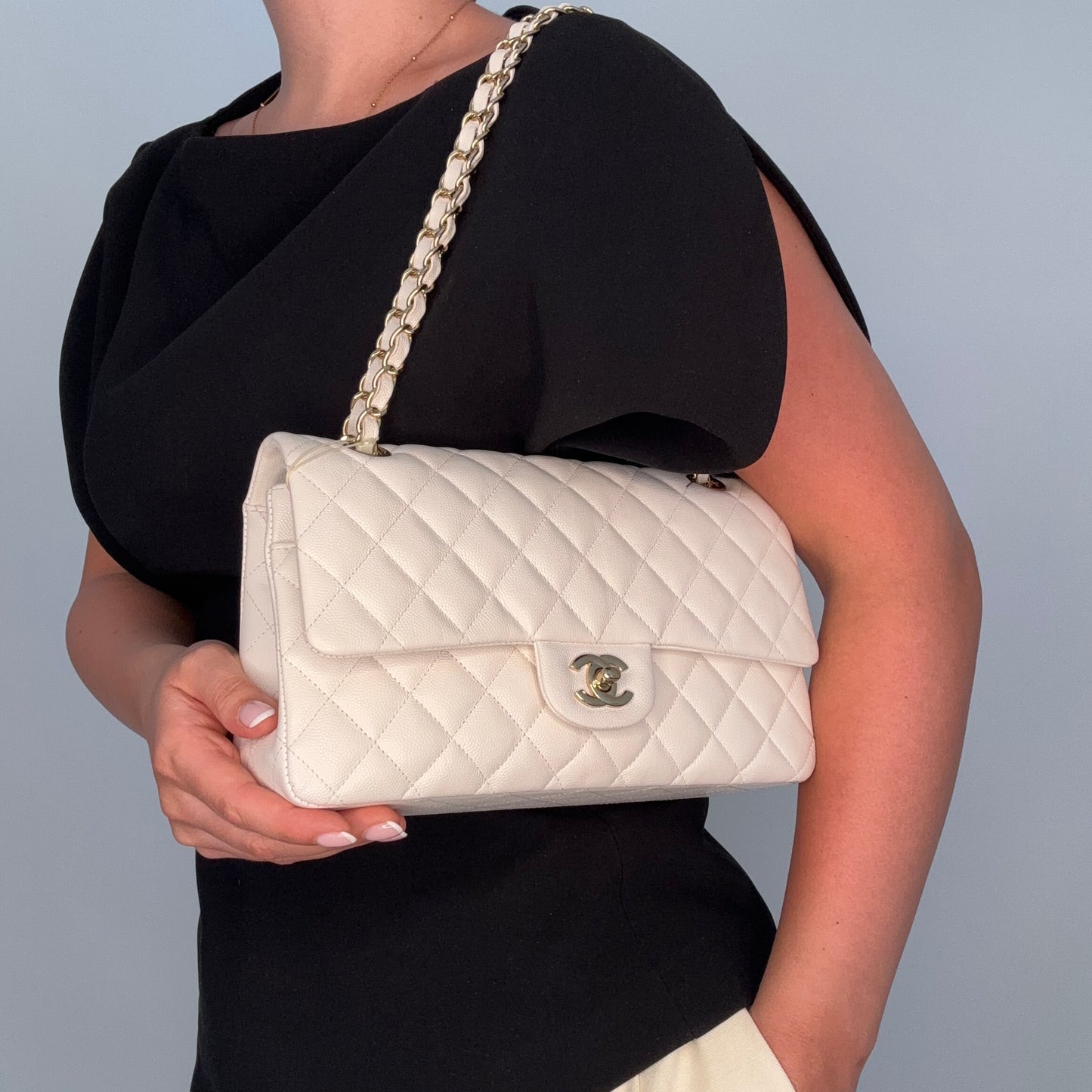 Chanel Classic Double Flap Caviar White Medium 2020