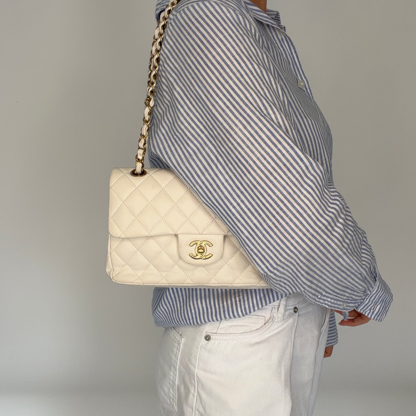 Chanel Classic Double Flap Small White Caviar GHW (NFID)