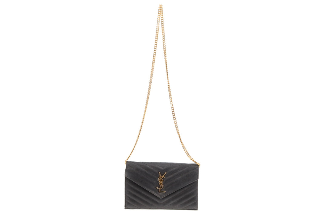 Saint Laurent Cassandre Wallet On Chain Black Grain De Poudre Gold Hardware