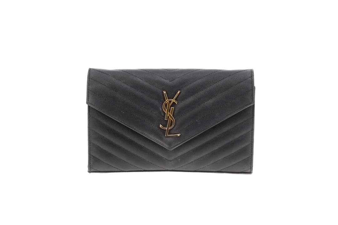 Saint Laurent Cassandre Wallet On Chain Black Grain De Poudre Gold Hardware