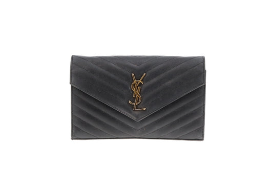 Saint Laurent Cassandre Wallet On Chain Black Grain De Poudre Gold Hardware
