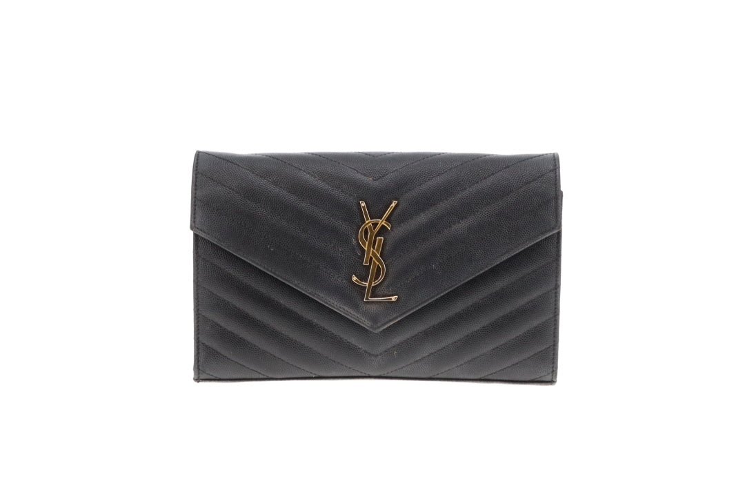 Saint Laurent Cassandre Wallet On Chain Black Grain De Poudre Gold Hardware