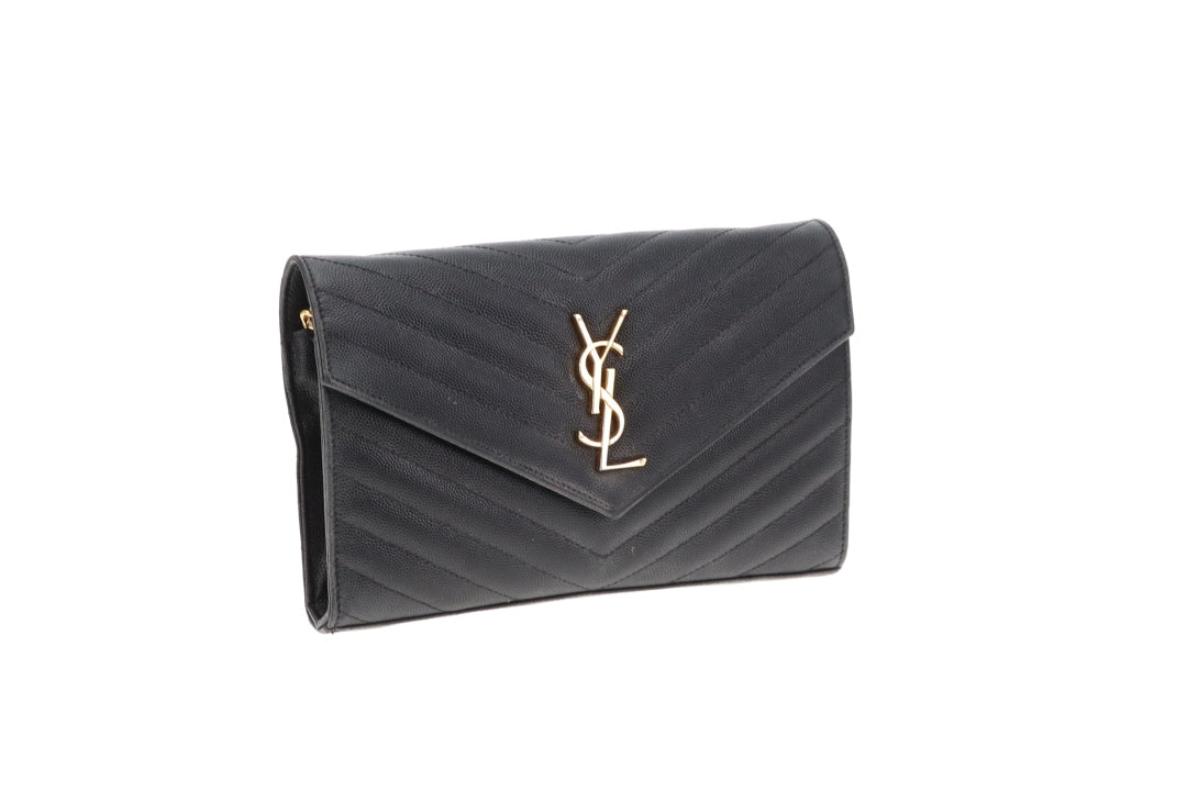 Saint Laurent Cassandre Wallet On Chain Black Grain De Poudre Gold Hardware