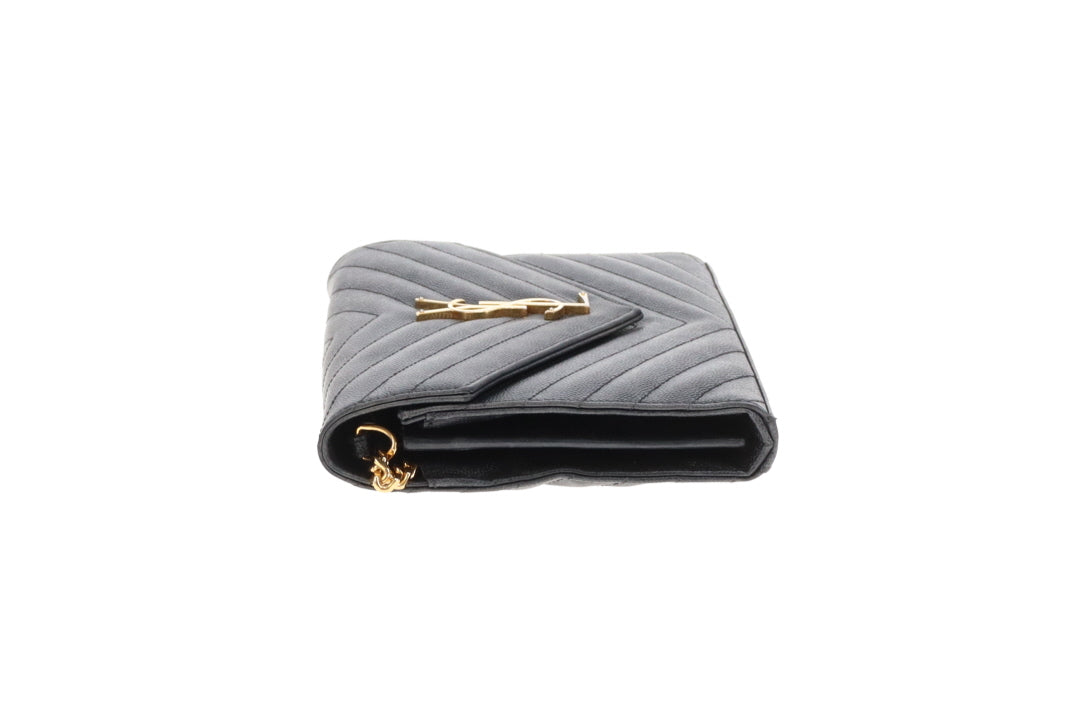 Saint Laurent Cassandre Wallet On Chain Black Grain De Poudre Gold Hardware