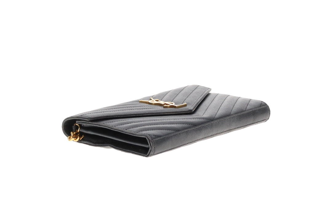 Saint Laurent Cassandre Wallet On Chain Black Grain De Poudre Gold Hardware