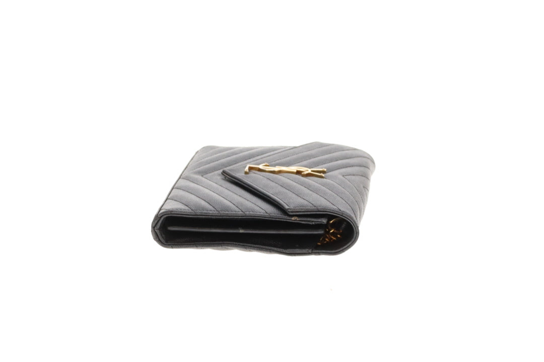 Saint Laurent Cassandre Wallet On Chain Black Grain De Poudre Gold Hardware