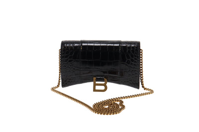 Balenciaga Black Croc Embossed Hourglass Wallet on Chain