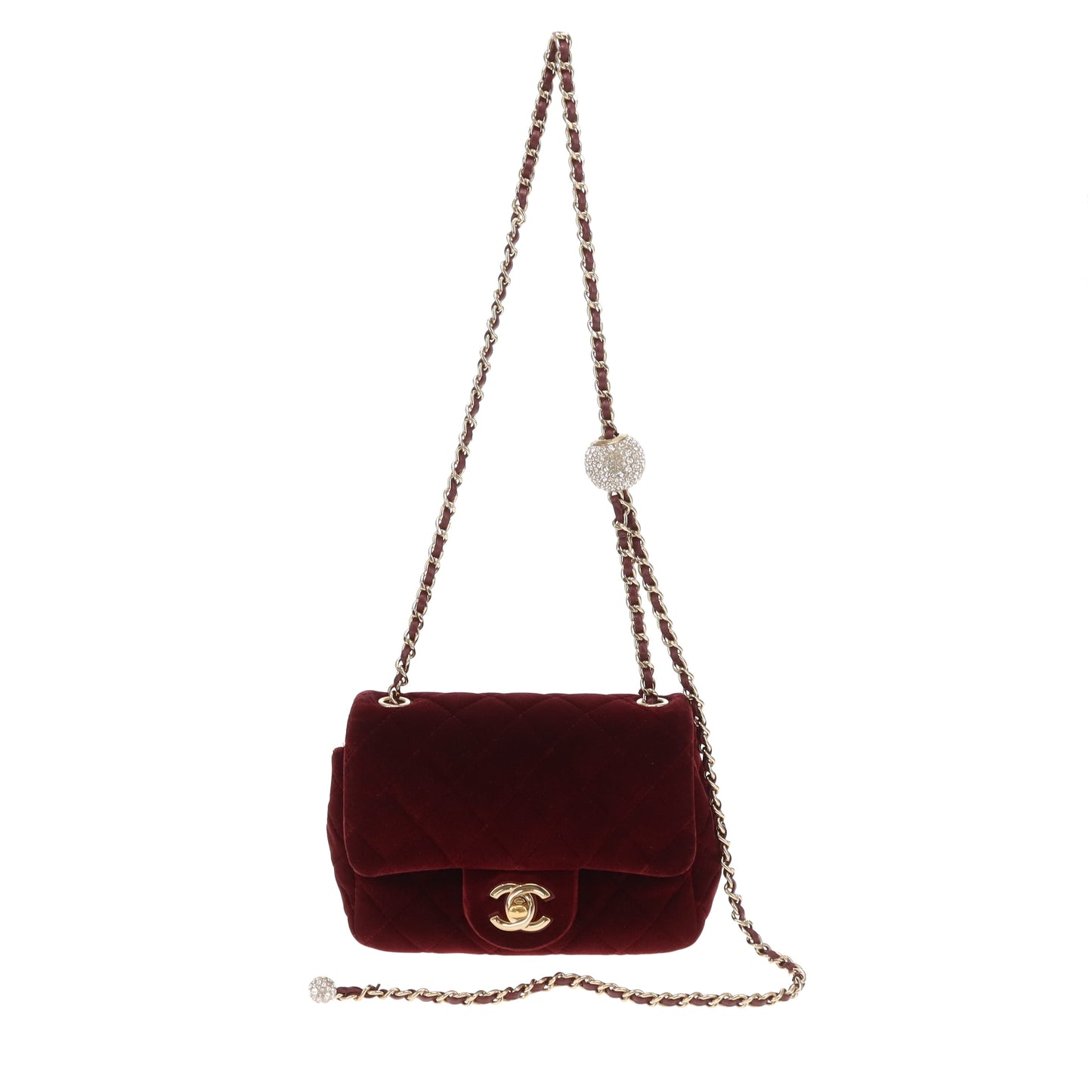 Chanel Classic Mini Square Crystal Pearl Crush Burgundy Velvet 2020