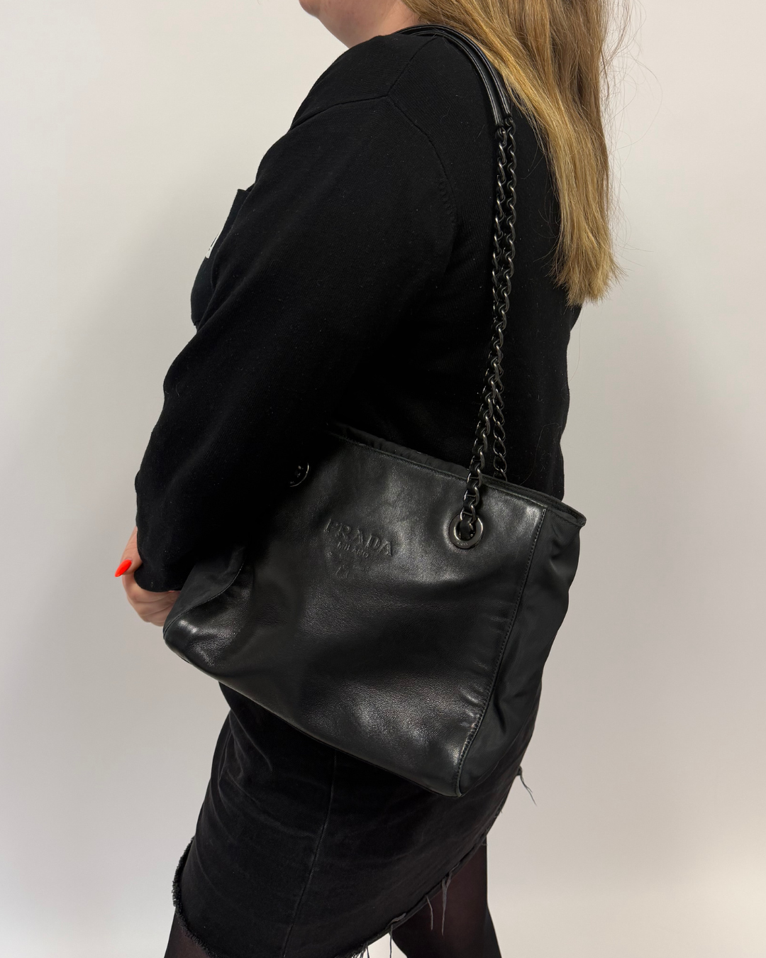Prada Shoulder Bag Black Lambskin and Nylon