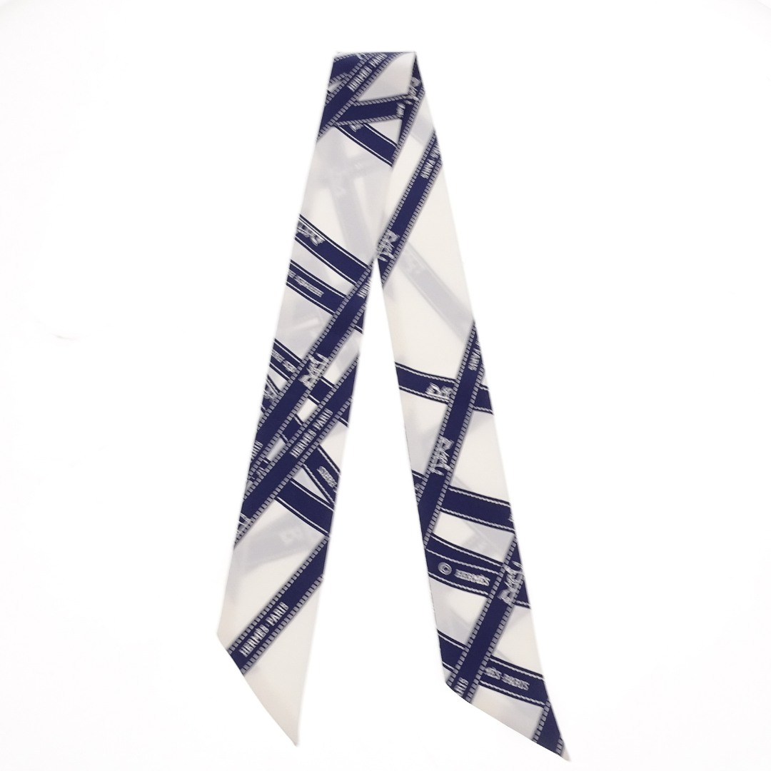 Hermes Silk Twilly Navy Ribbon Detail