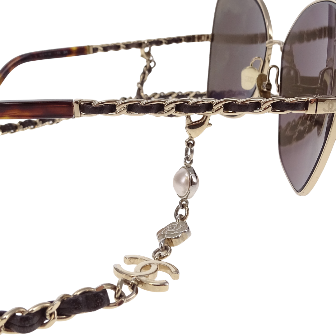 Chanel Sunglasses with Chain Pale Gold and Brown with Logo Charm Chain