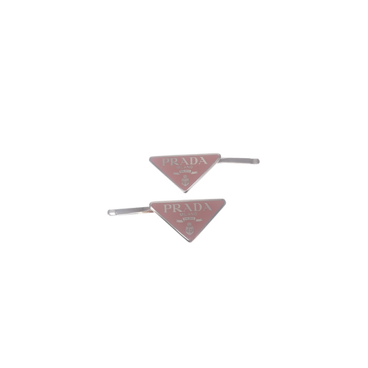 Prada Alabaster Pink Metal Logo Triangle Hair Slides x2