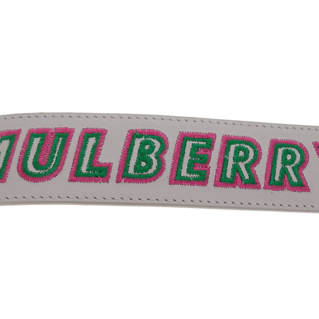 Mulberry Embroidered Logo Smooth Calf White & Neon Pink Bag Strap