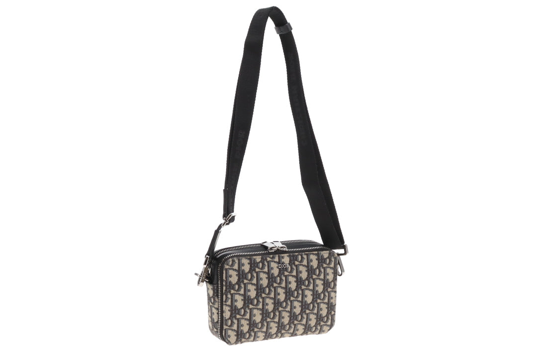 Dior Zipped Pouch with Strap Black and Blue Oblique
