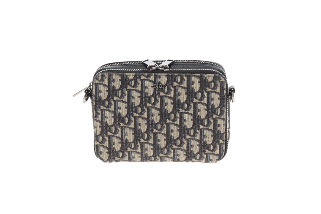 Dior Zipped Pouch with Strap Black and Blue Oblique