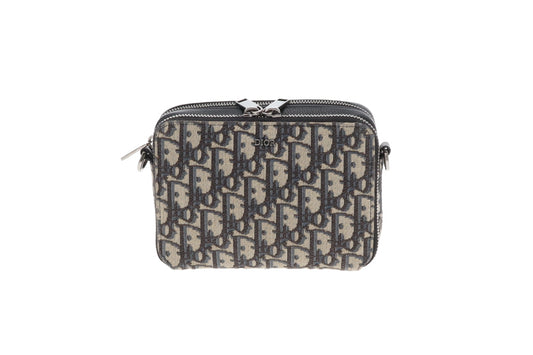 Dior Zipped Pouch with Strap Black and Blue Oblique
