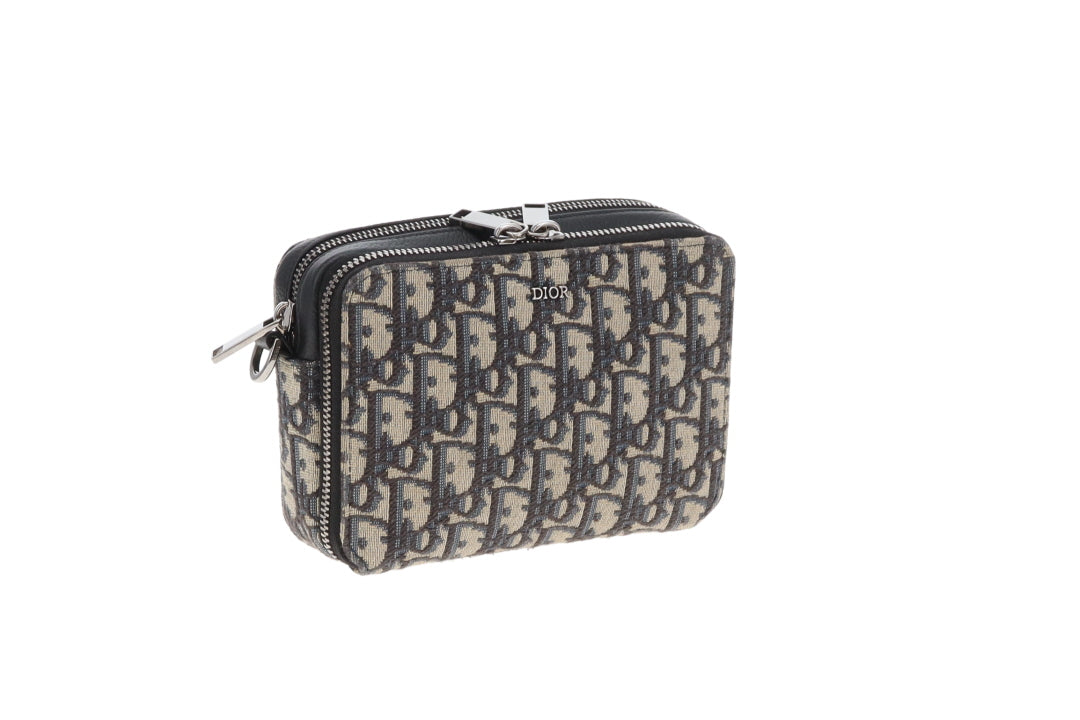 Dior Zipped Pouch with Strap Black and Blue Oblique
