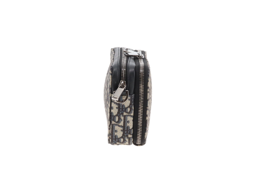 Dior Zipped Pouch with Strap Black and Blue Oblique