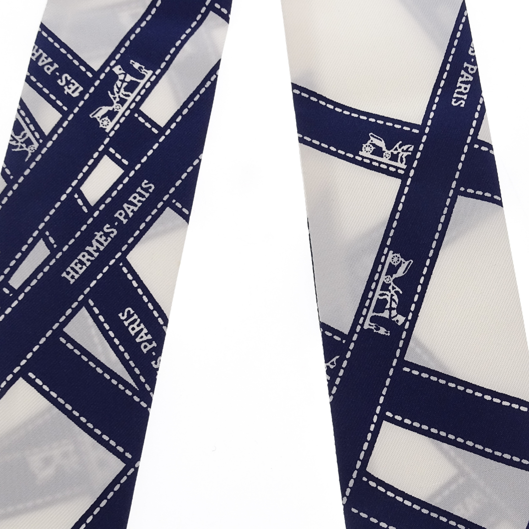 Hermes Silk Twilly Navy Ribbon Detail