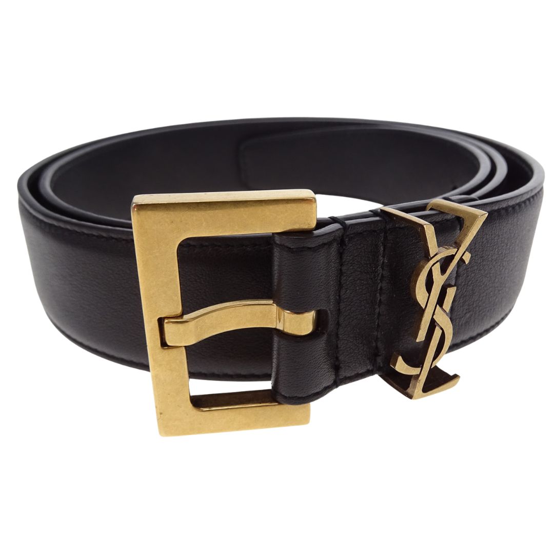 Saint Laurent Cassandre Buckle Belt In Black Smooth Leather 85cm