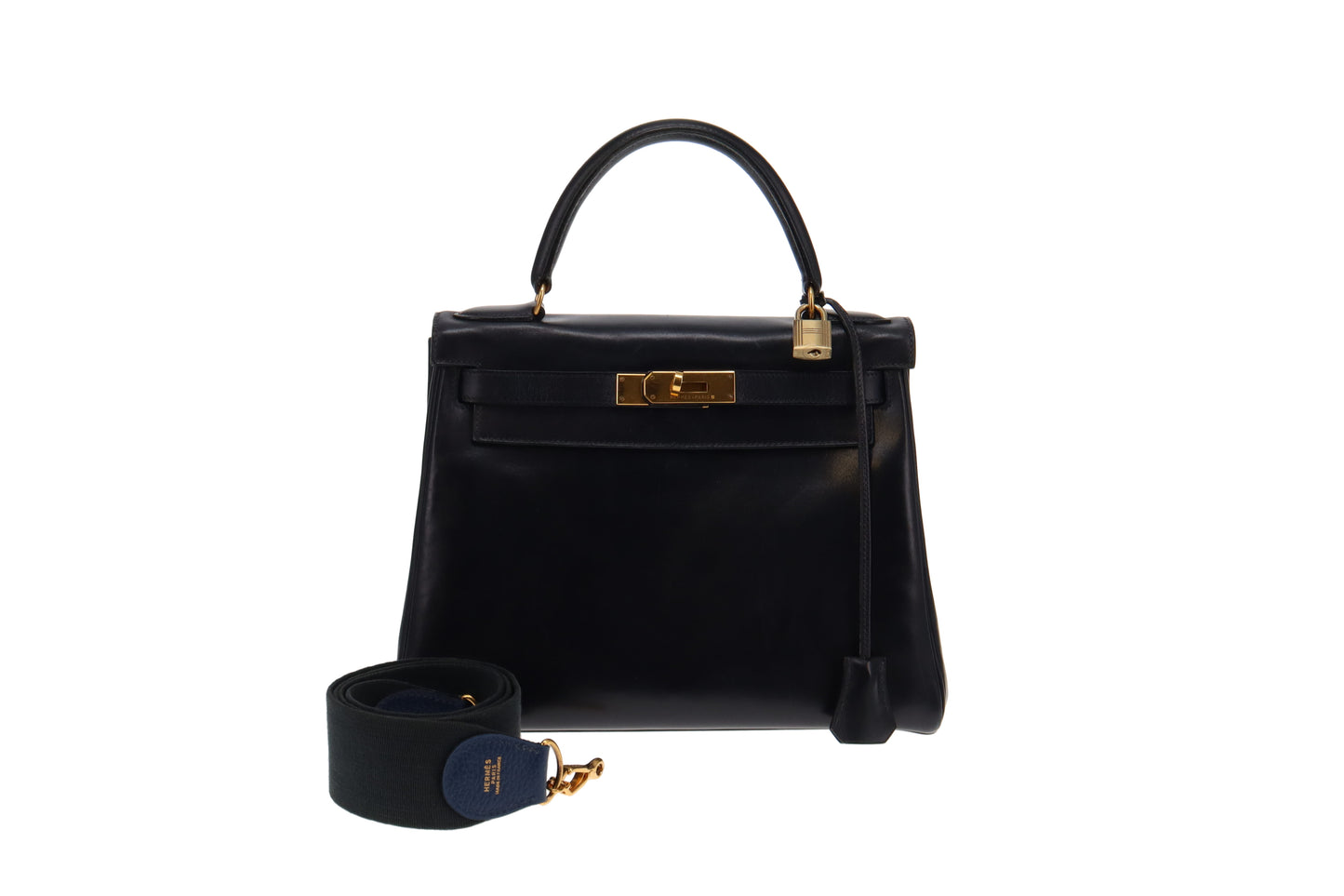 Hermes Navy Box Leather Kelly 28 1994 (with canvas strap)