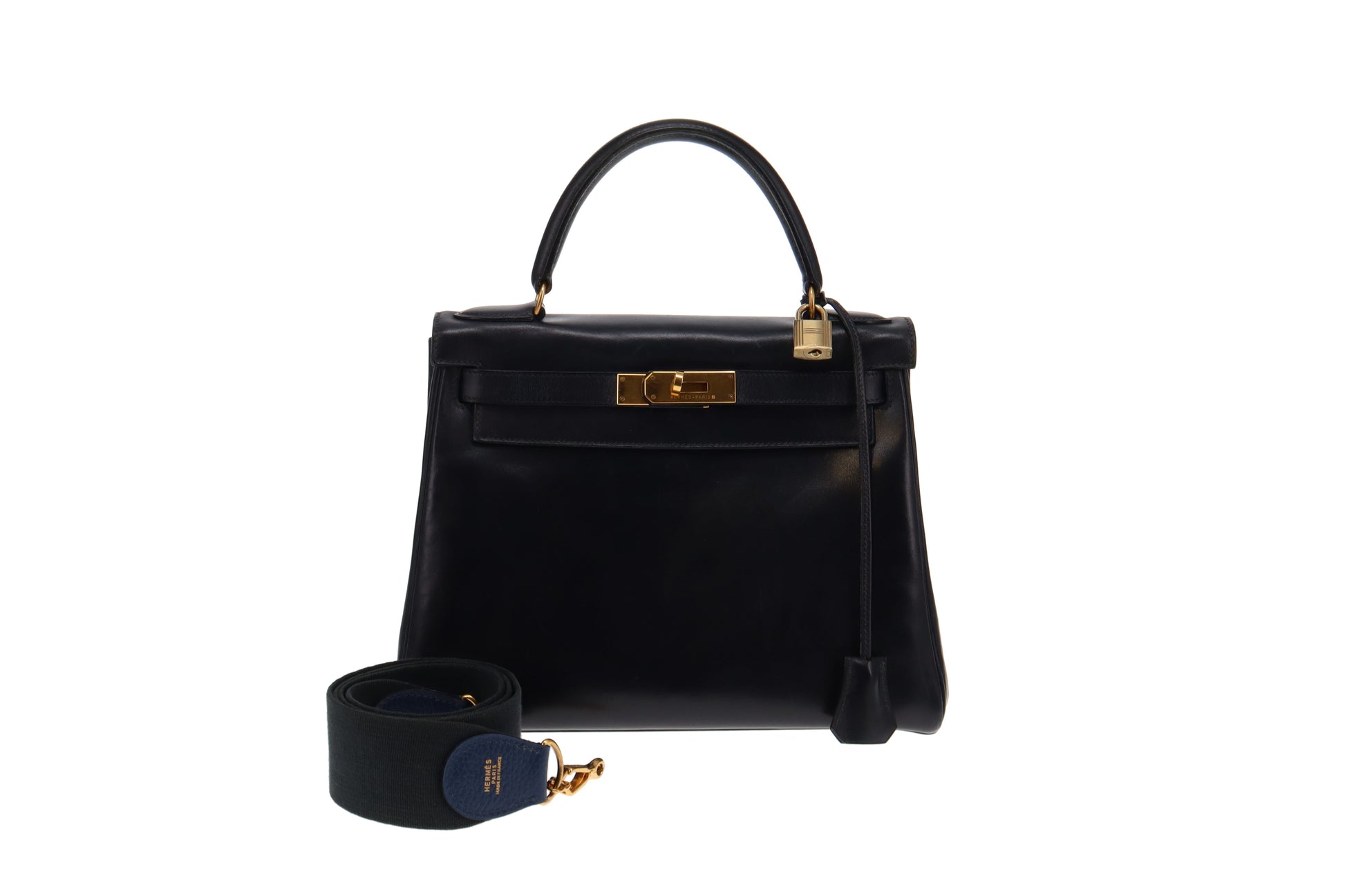 HERMES Vintage Kelly 28 Flap Bag in Black Box Leather