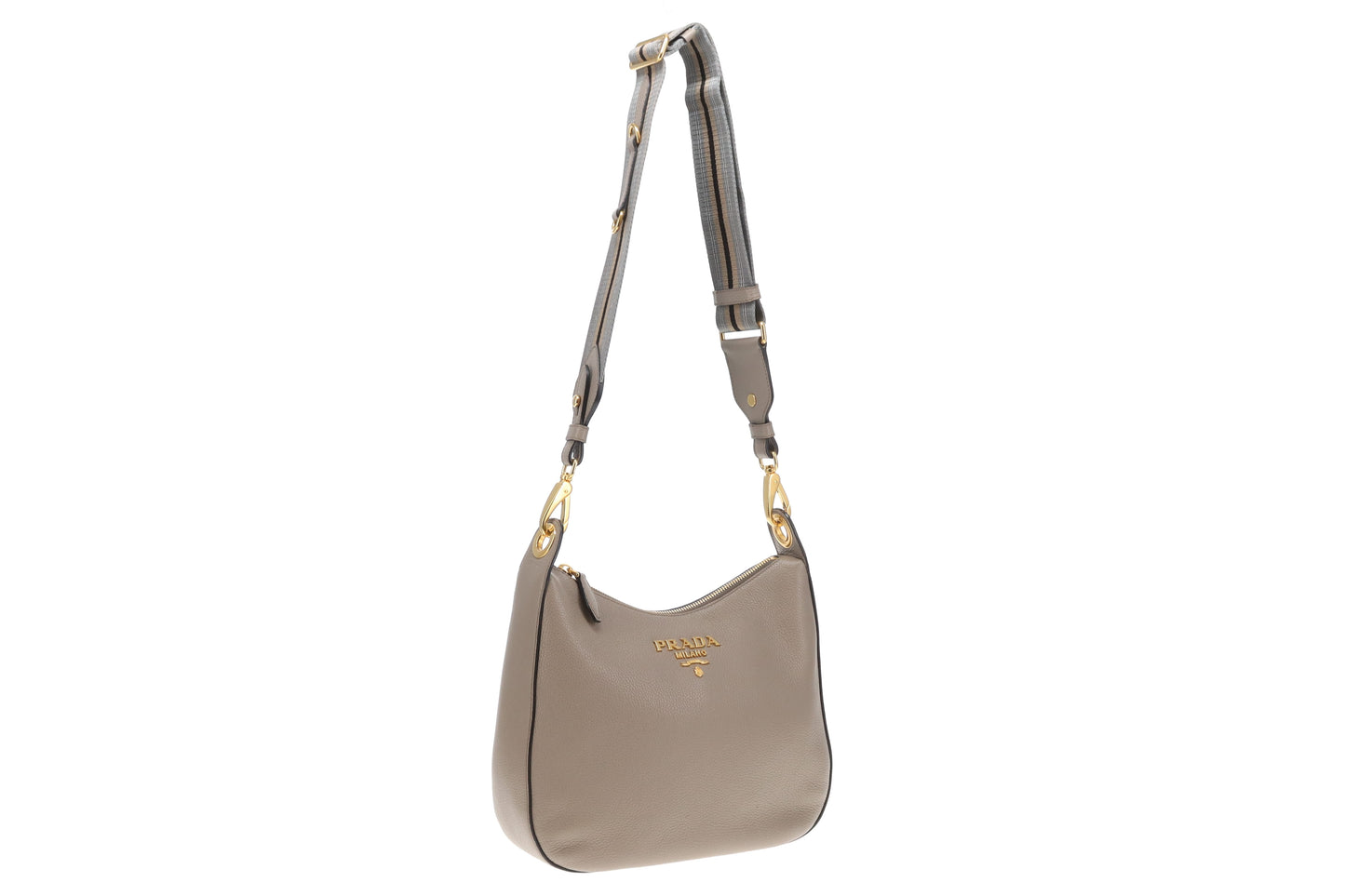 Prada Hobo Taupe Leather with Striped Canavs Strap
