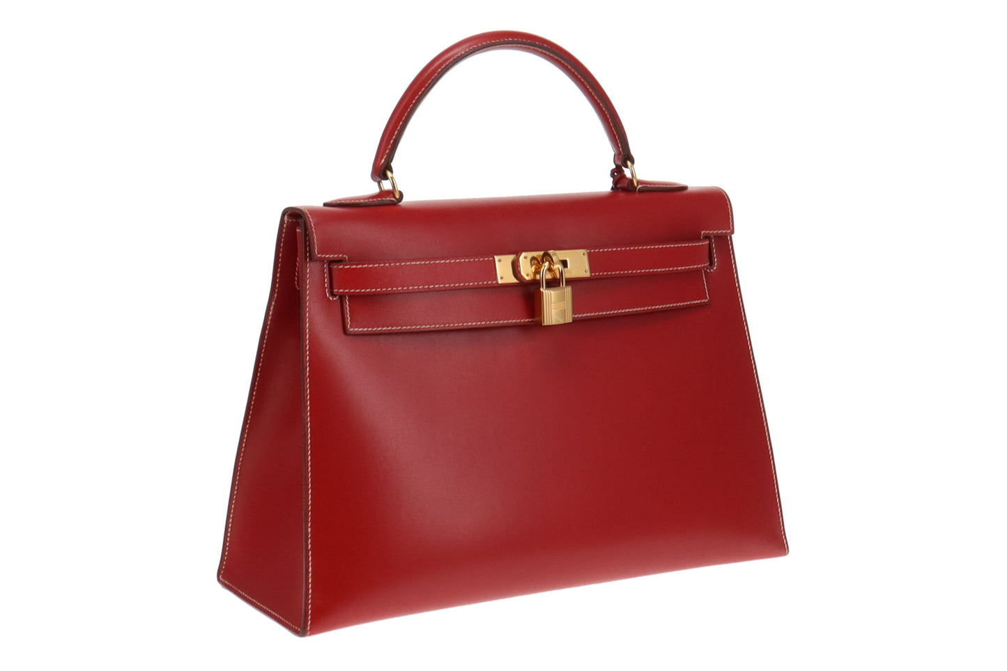 Hermes Brique Box Leather with White Contrast Stitching Kelly 32 with 2 straps 1992 (V in a circle)