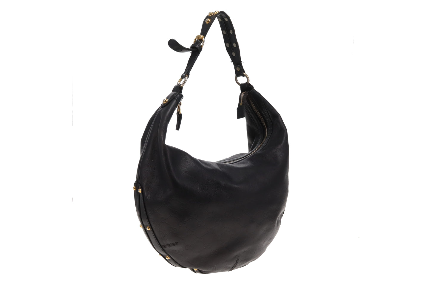Gucci Guccissima Black Leather Hobo With Studded Shoulder Strap