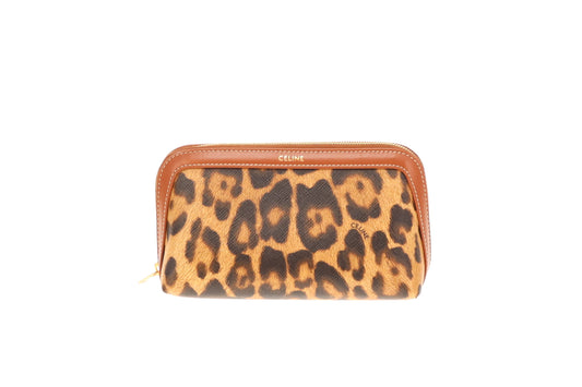 Celine Small Leopard Cosmetic Pouch Brown Leather Trim