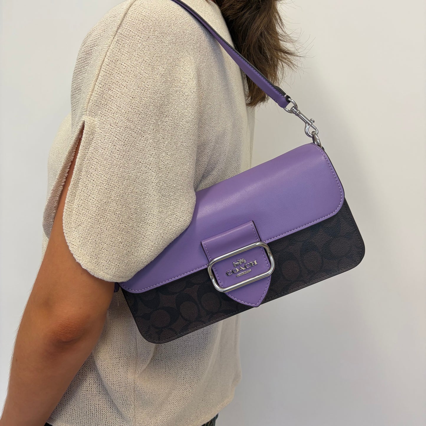 Coach Morgan Shoulder Bag Purple Leather and Signature Canvas