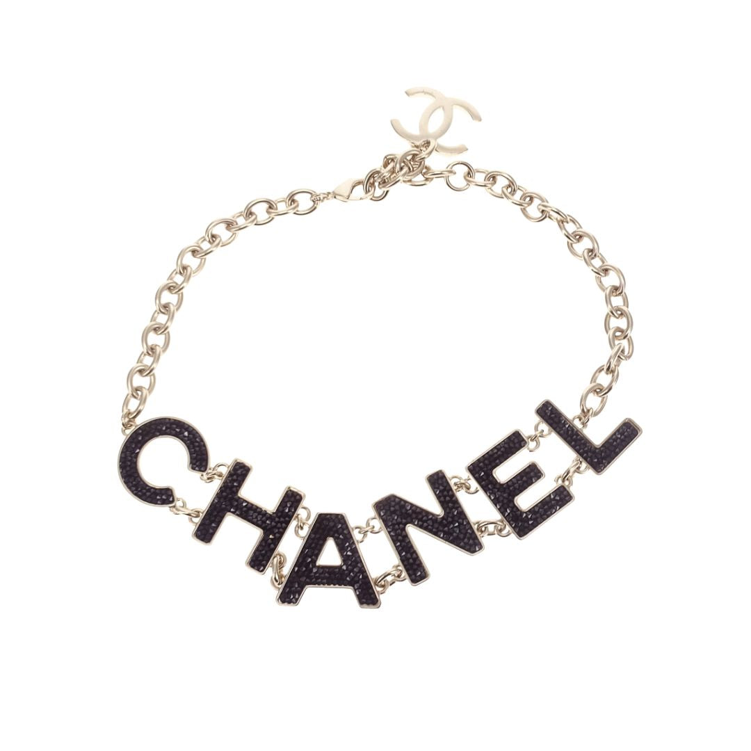 Chanel Logo Gold Tone Necklace With Onyx Caviar 2018