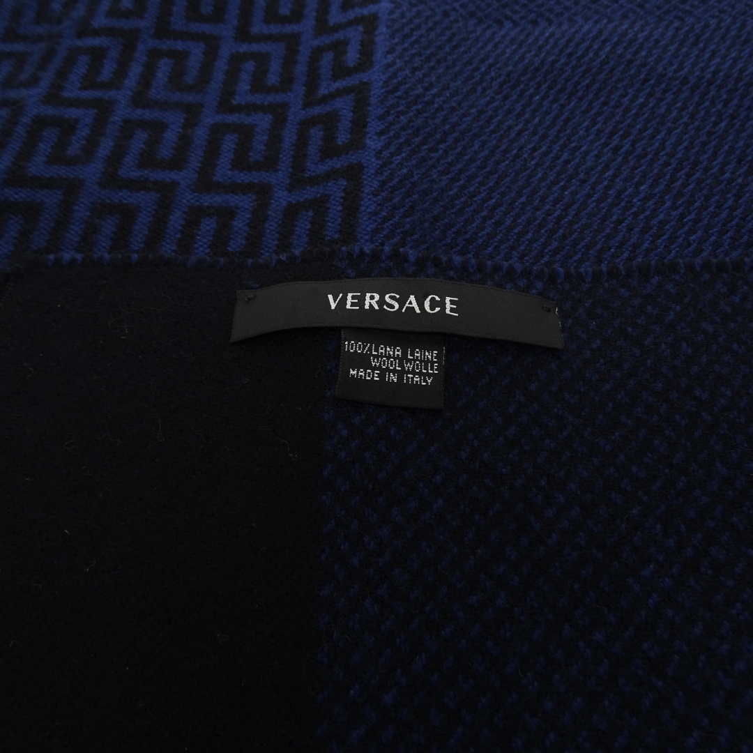 Versace Navy 100% Wool Logo Scarf