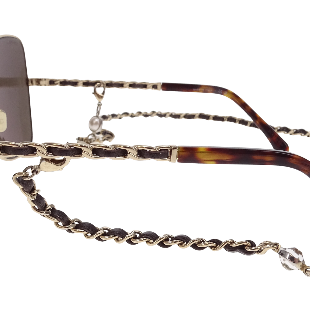 Chanel Sunglasses with Chain Pale Gold and Brown with Logo Charm Chain