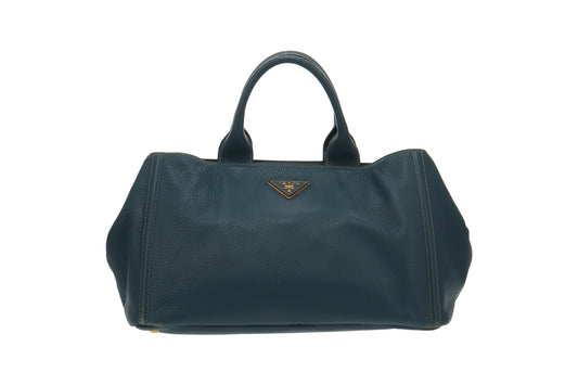 Prada Blue Vitello Daino Canapa Tote