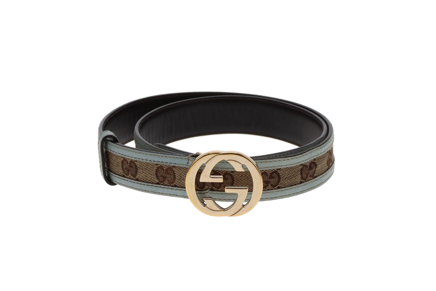 Gucci GG Canvas Belt With Steel Blue Leather Trims 85/34