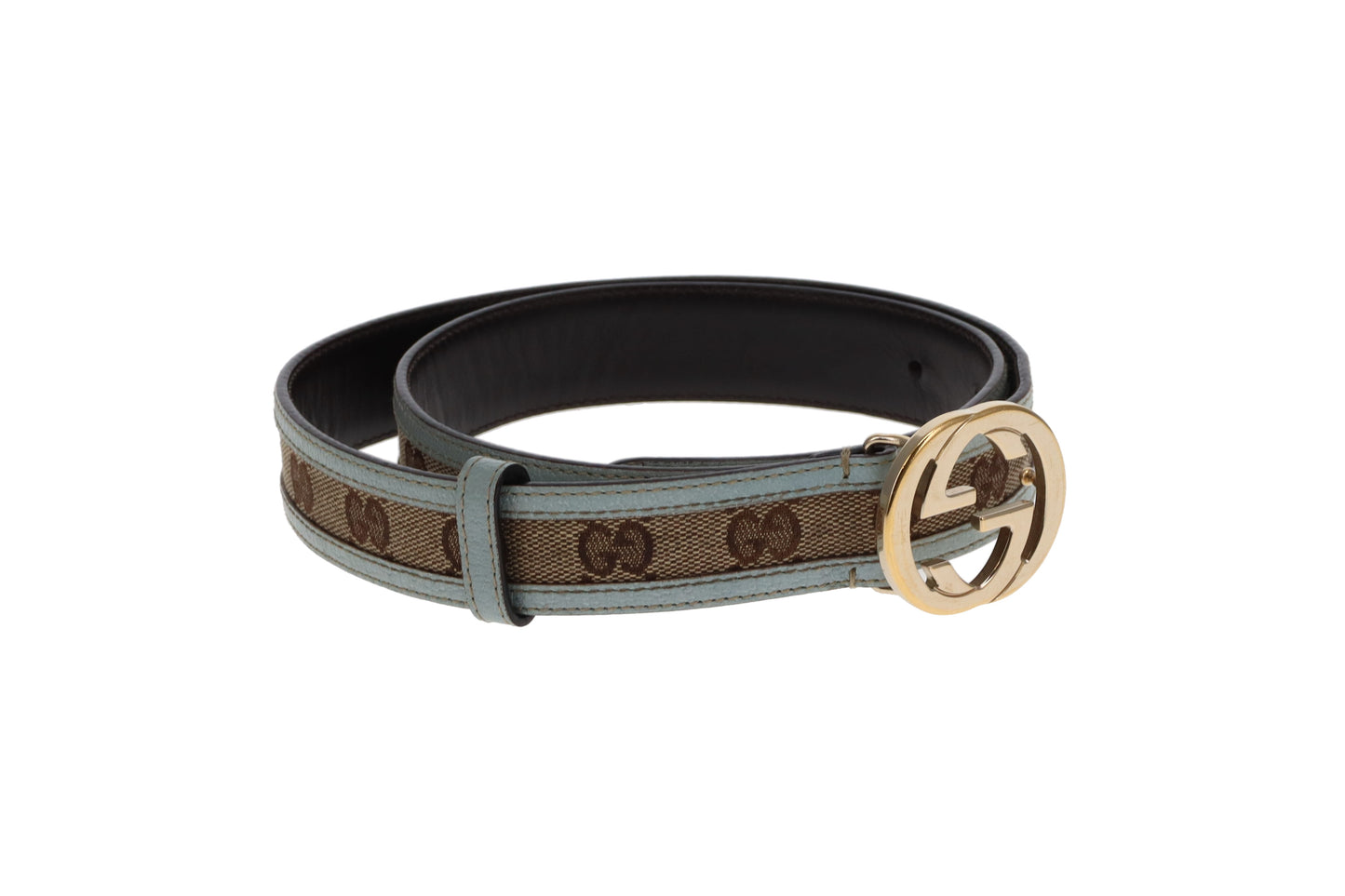 Gucci GG Canvas Belt With Steel Blue Leather Trims 85/34