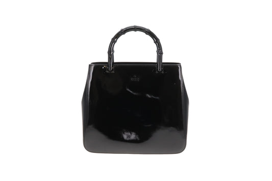 Gucci Bamboo Handle Bag All Black Patent Leather Vintage