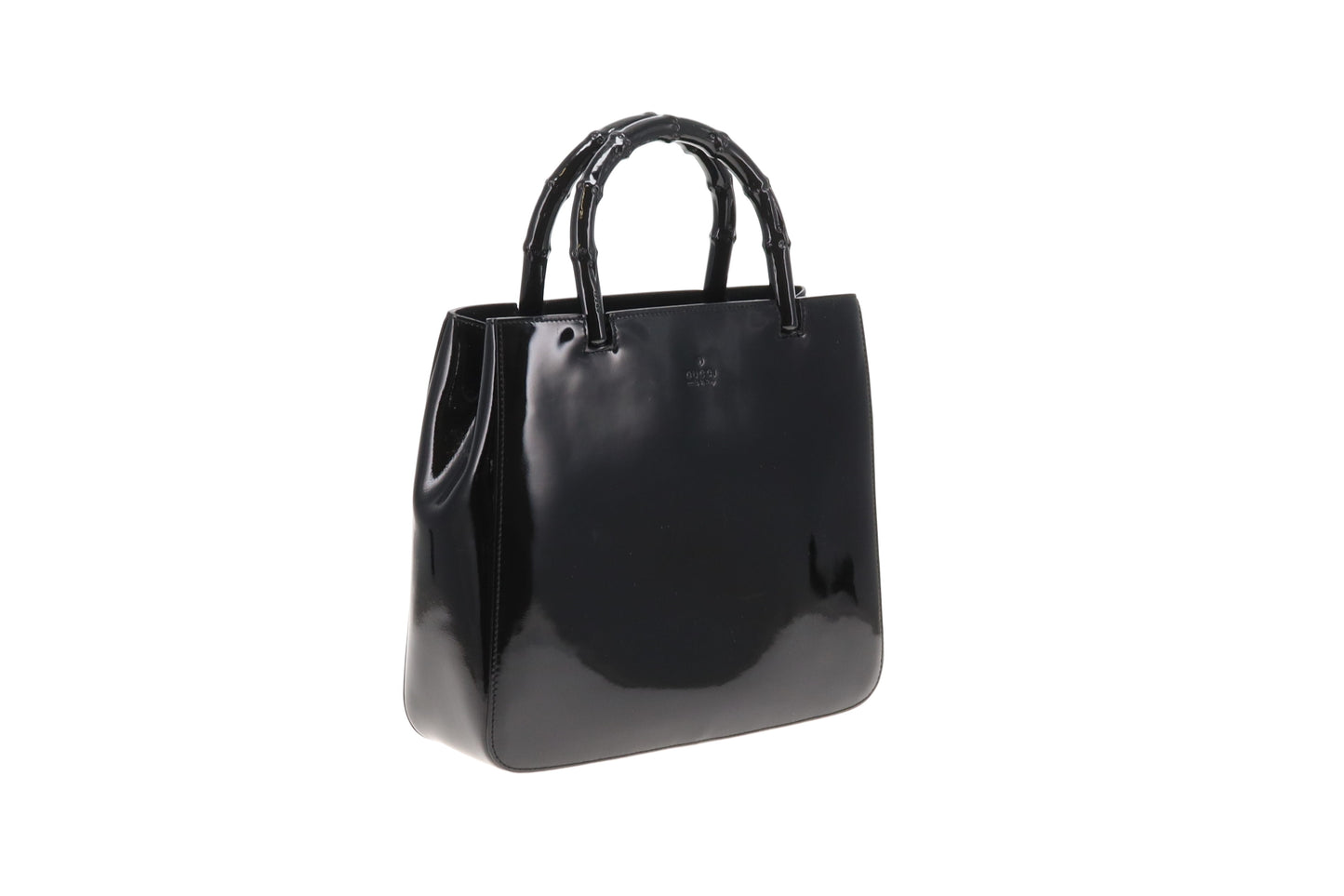Gucci Bamboo Handle Bag All Black Patent Leather Vintage