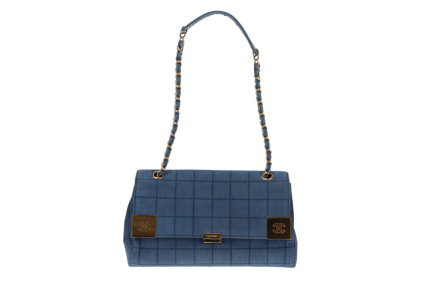 Chanel Denim Flap Bag In Square Quilt & Gold Hardware Vintage