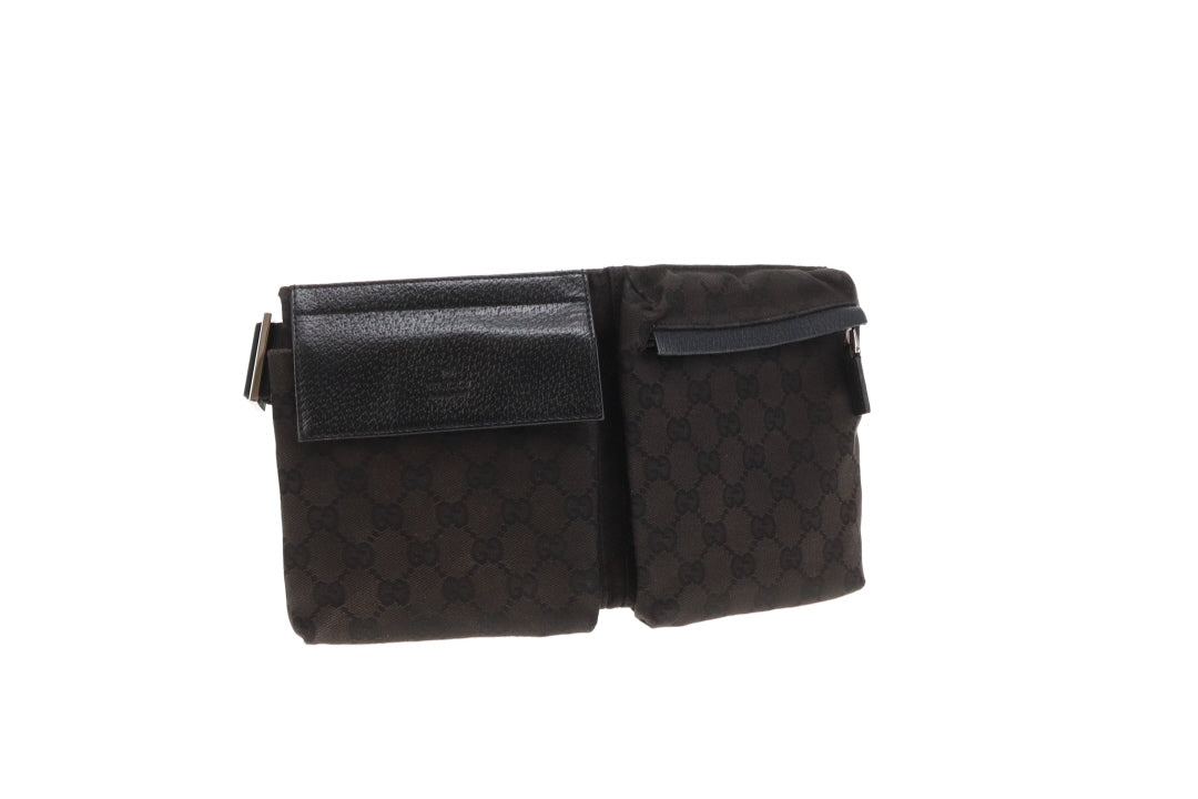 Gucci Double Pocket Waist Bag Black GG Canvas
