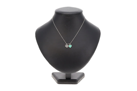 Tiffany & Co  Twin Mini Heart Tag Necklace On Chain Sterling Silver 925