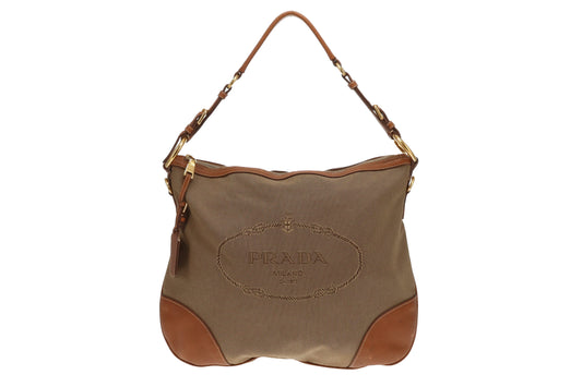 Prada Logo Shoulder Bag Khaki Canvas and Tan Leather