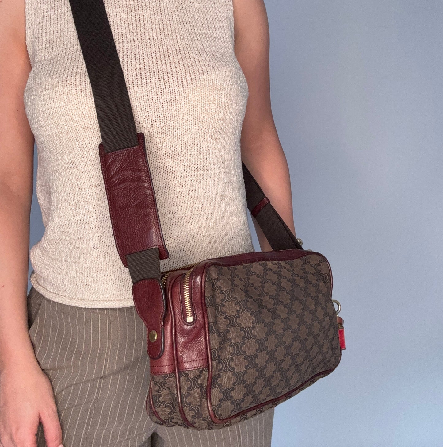 Celine Tri Pocket Vintage Messenger Triomphe Canvas and Burgundy Leather