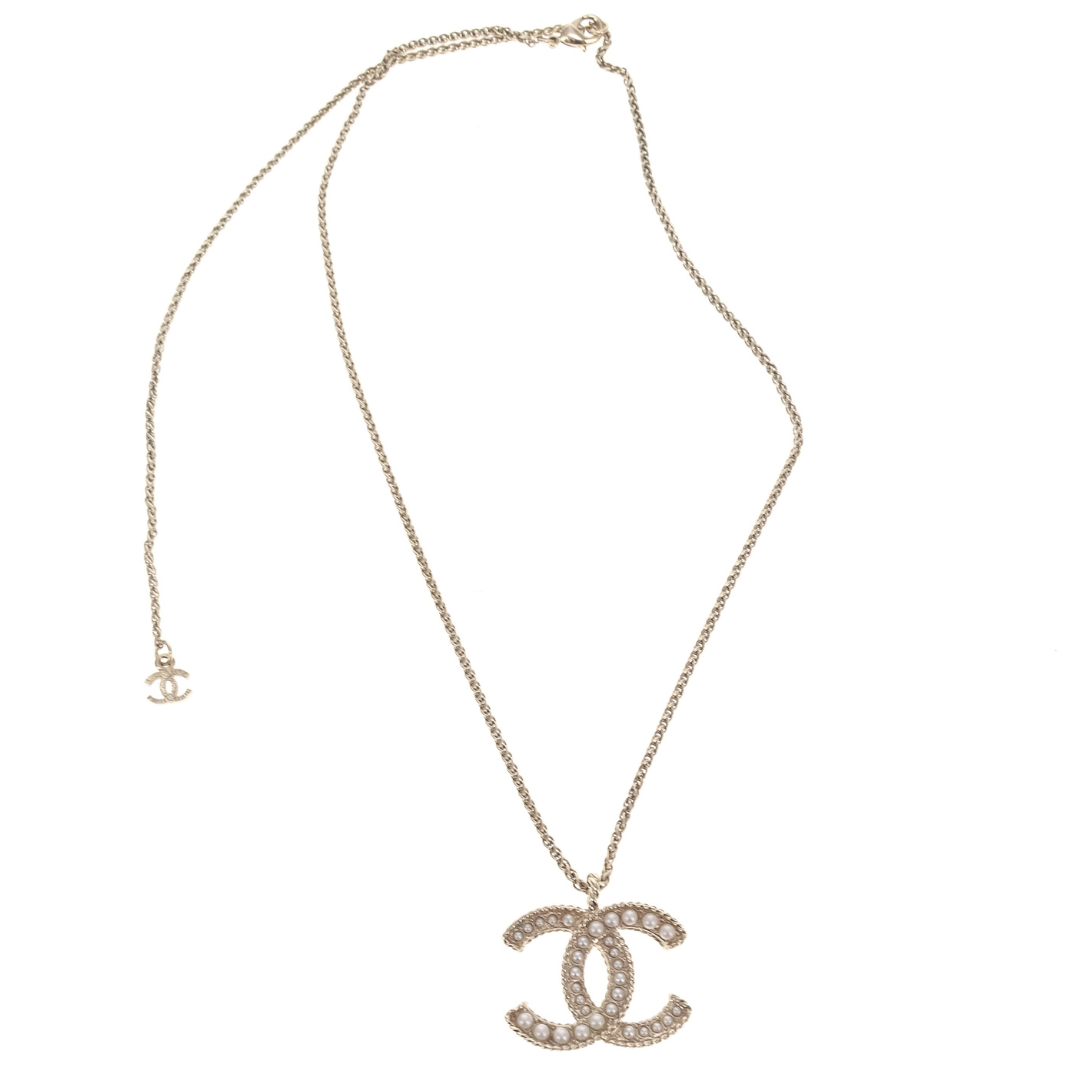 Chanel Costume Pearl & CC Pendant In Pale Gold On Chain 2019C