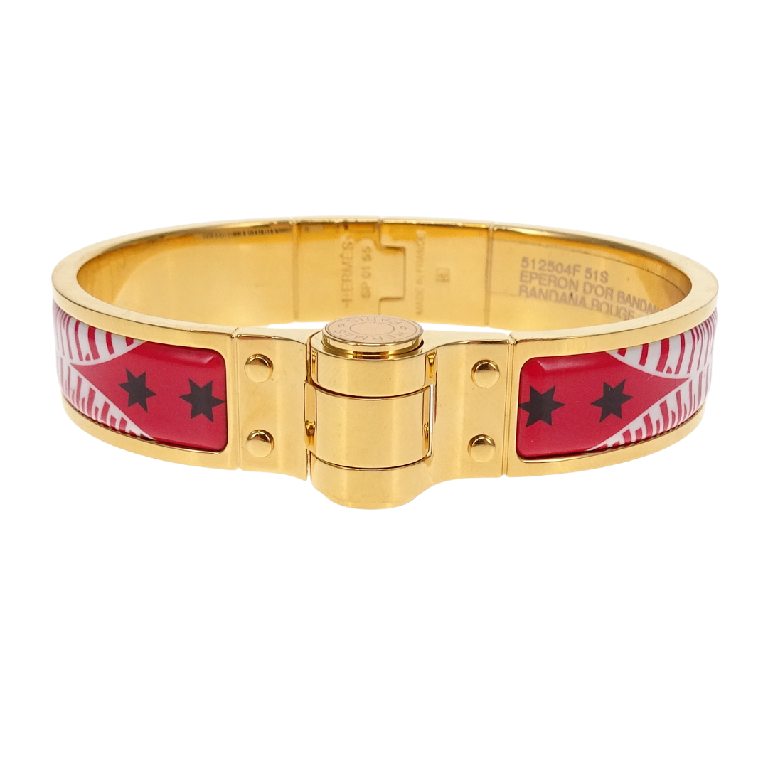 Hermes Hinged Bracelet Red Eperon D'or Bandana Rouge Enamel Gold Plated