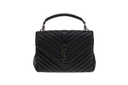 Saint Laurent College Bag Medium Black Chevron Leather 2017