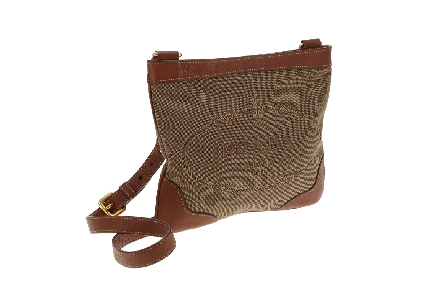 Prada Messenger Bag Logo Canvas and Leather