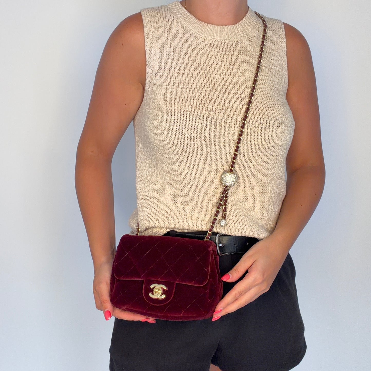 Chanel Classic Mini Square Crystal Pearl Crush Burgundy Velvet 2020